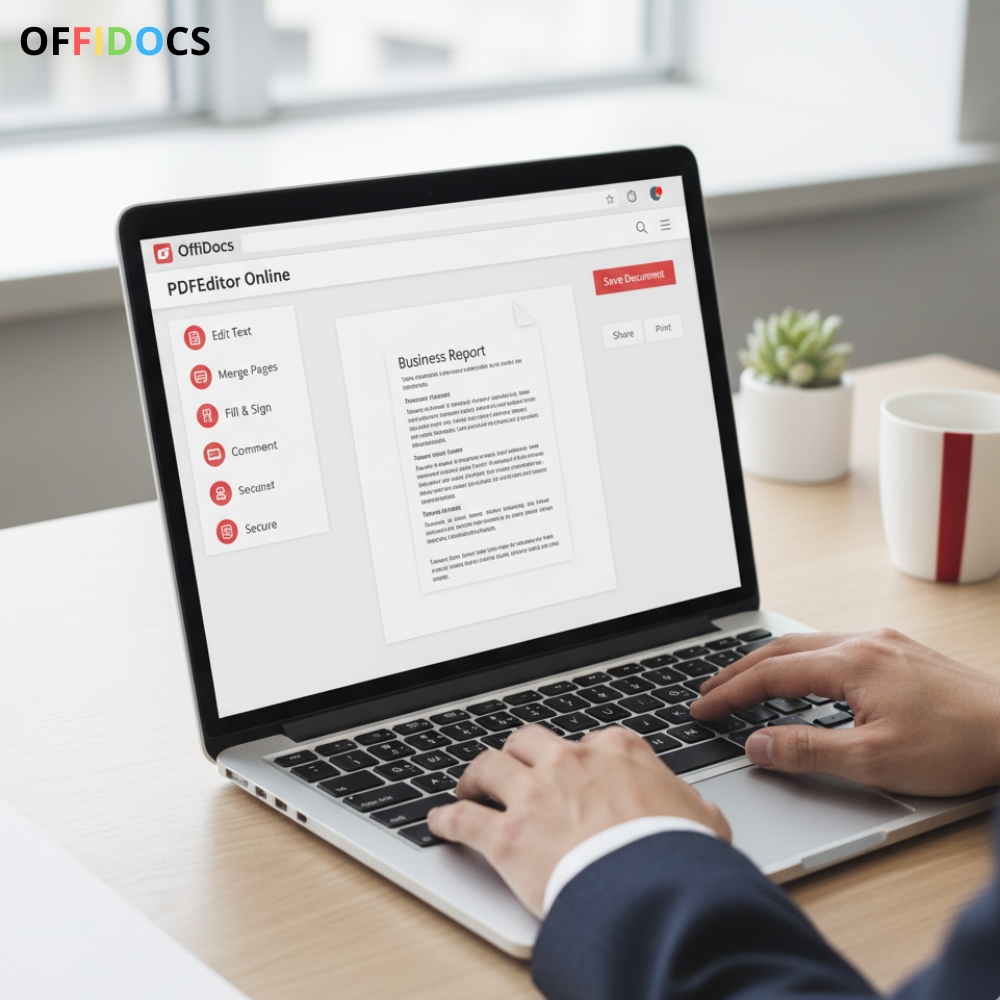 Person using PDFEditor Online by OffiDocs on a laptop, editing a business report with visible options like Edit Text, Merge Pages, Fill & Sign, Comment, and Secure on the screen.