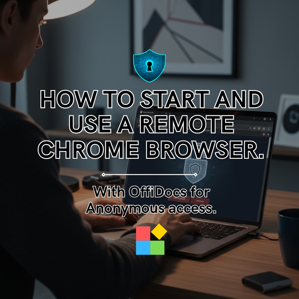 Person using a laptop with OffiDocs Remote Chrome Browser, showing a secure connection interface and text that reads “How to start and use a remote Chrome browser – With OffiDocs for anonymous access.