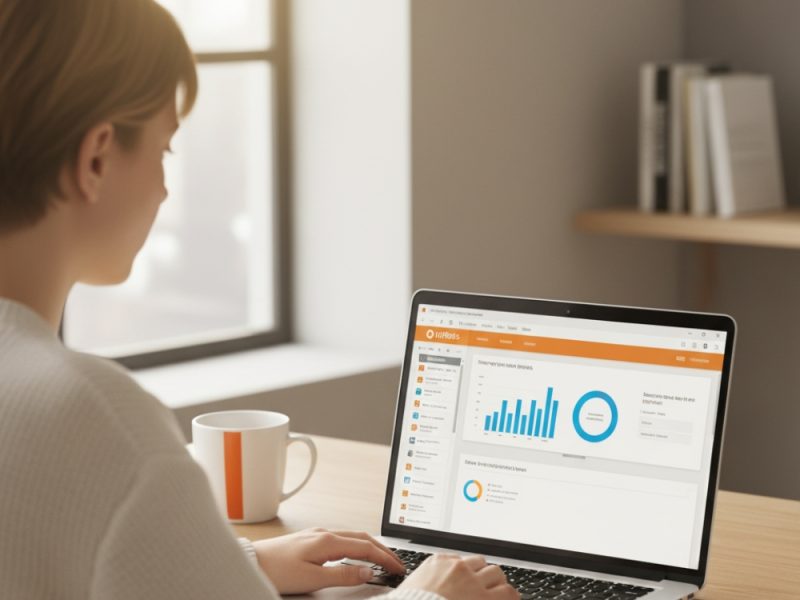 Woman using OffiDocs Impress on a laptop to view charts and presentation analytics, showing an orange interface similar to PowerPoint for creating and editing slides online.