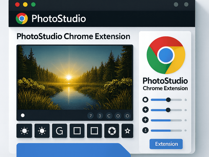 Interface of the PhotoStudio Chrome Extension by OffiDocs showing a clean photo editor layout with a sunset image, adjustment sliders for brightness, contrast, crop, and filters, and the Chrome logo on the right panel.
