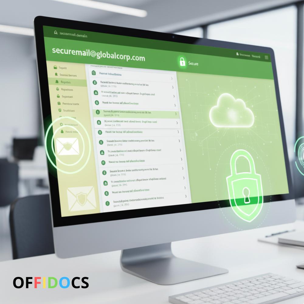 Illustration of an email interface displayed on a laptop and smartphone screen, representing Offilive.com. The background includes security icons, cloud storage, and a globe symbolizing global access. The color scheme is professional, featuring shades of blue and white for a clean and reliable look.