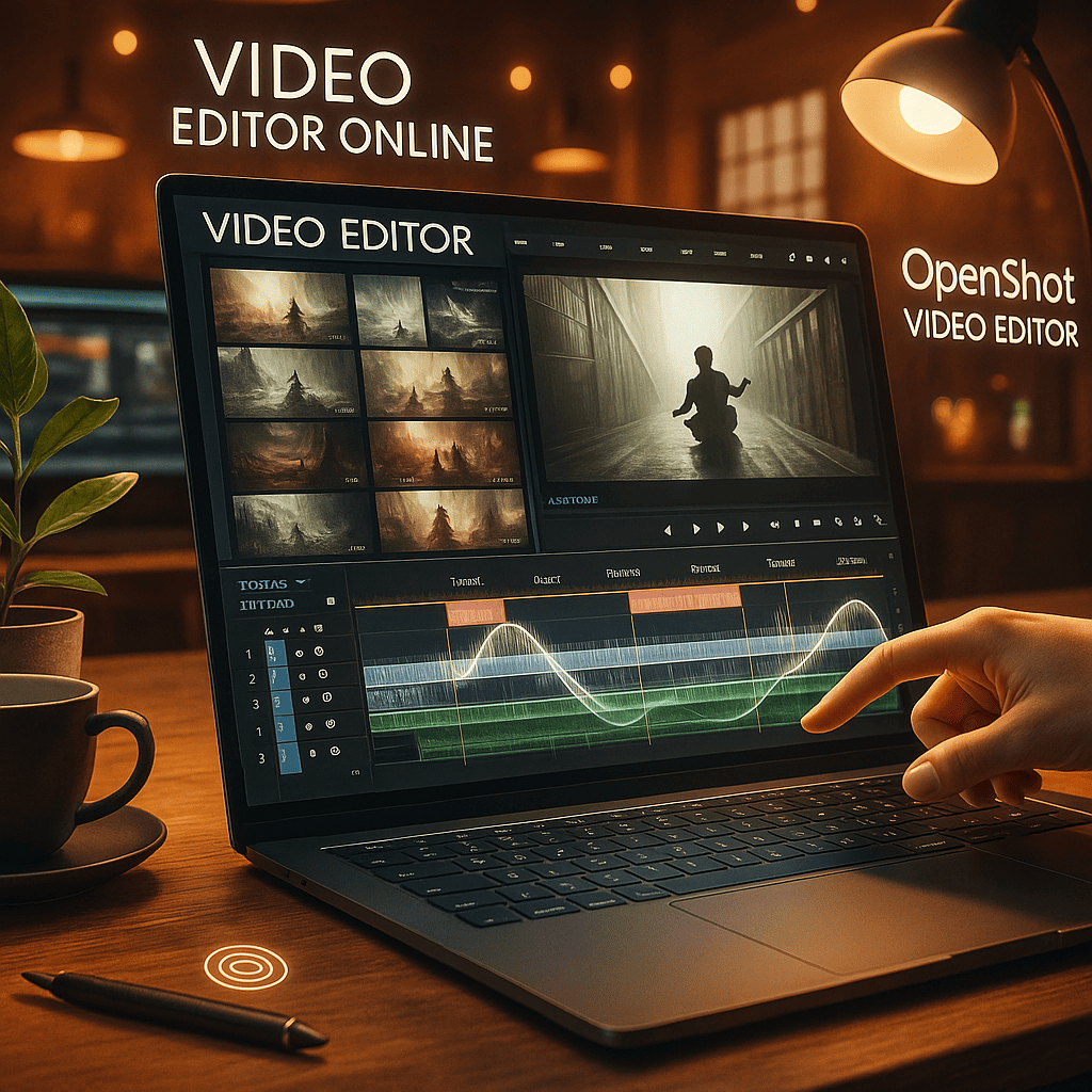 User editing a video online with OpenShot Video Editor via OffiDocs. The laptop screen displays a modern video editing interface with multiple tracks, transitions, and effects. The workspace has warm lighting, plants, and a coffee cup, creating a productive and inspiring atmosphere.