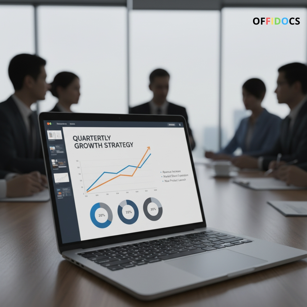 Modern illustration of a creative workspace for building a pitch deck presentation using RunApps LibreOffice Impress, featuring an open laptop with colorful slides, floating data visualization icons, and collaboration elements, in a clean and dynamic design