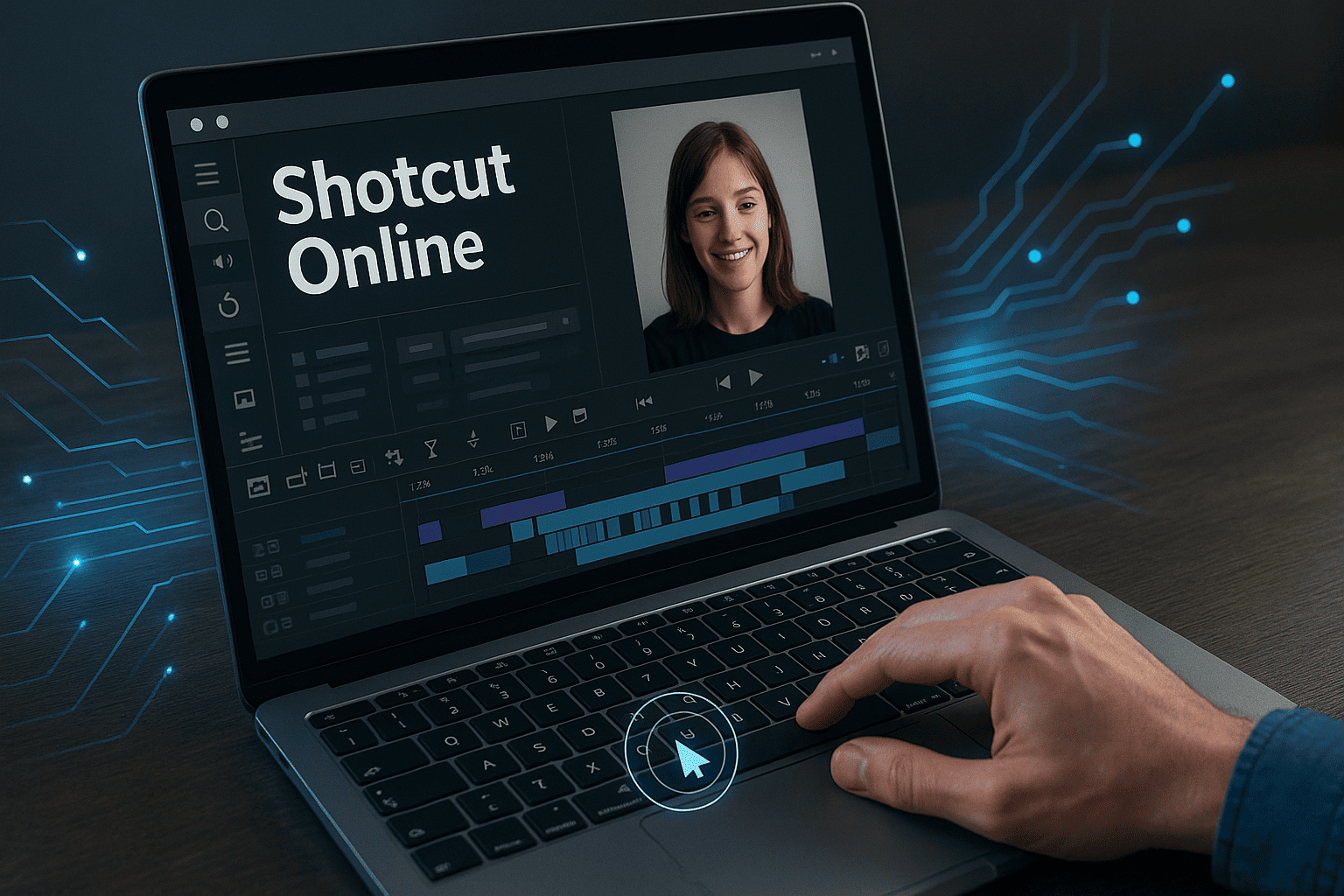 A person editing a video on a futuristic laptop using Shotcut Online, showing a real hand on the keyboard, a visible editing timeline, and glowing digital effects.