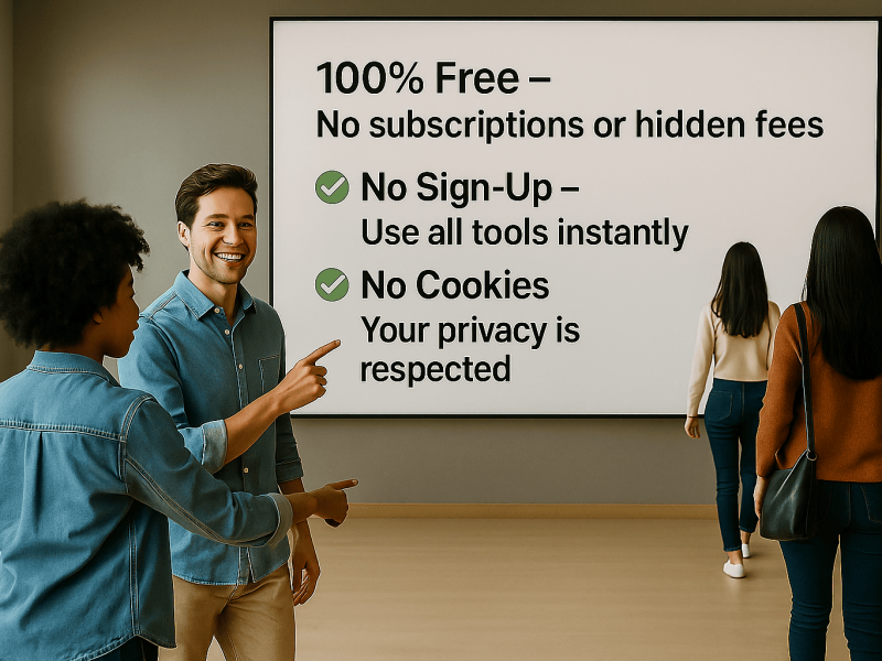 Four diverse people in a modern room interacting with a large screen that displays key features of free online productivity tools: “100% Free – No subscriptions or hidden fees,” “No Sign-Up – Use all tools instantly,” and “No Cookies – Your privacy is respected.