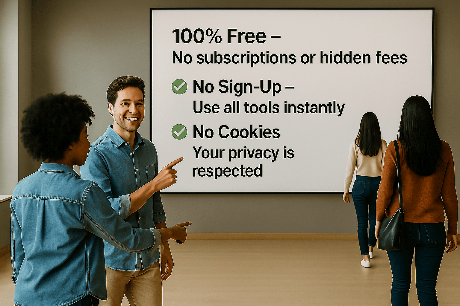 Four diverse people in a modern room interacting with a large screen that displays key features of free online productivity tools: “100% Free – No subscriptions or hidden fees,” “No Sign-Up – Use all tools instantly,” and “No Cookies – Your privacy is respected.