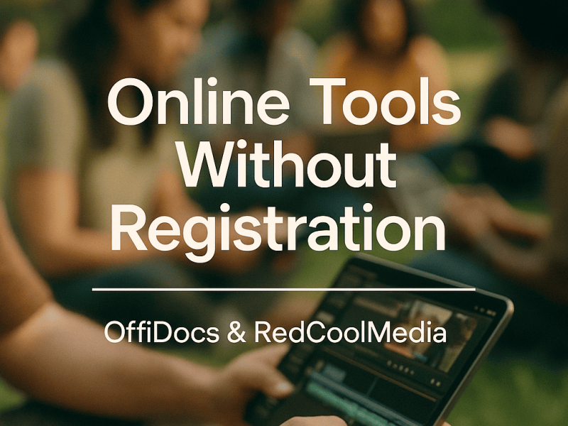 Photorealistic image of diverse people editing content on tablets and phones while sitting on a green lawn. Overlay text says "Online Tools Without Registration – OffiDocs & RedCoolMedia