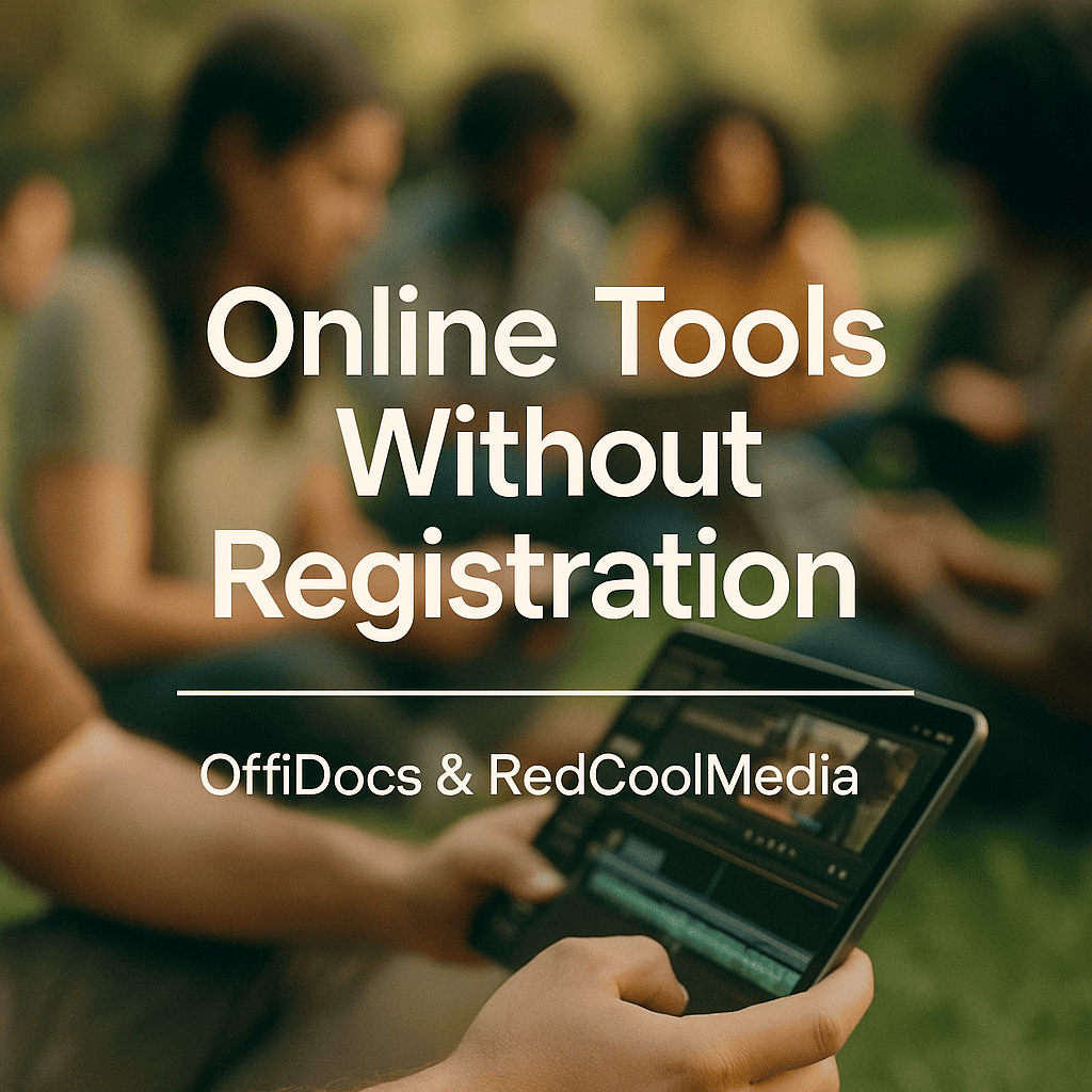 Photorealistic image of diverse people editing content on tablets and phones while sitting on a green lawn. Overlay text says "Online Tools Without Registration – OffiDocs & RedCoolMedia