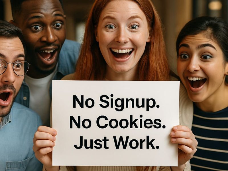 Group of diverse young adults reacting with excitement as a red-haired woman holds a sign that reads “No Signup. No Cookies. Just Work.” — promoting OffiDocs’ frictionless and private online tools.