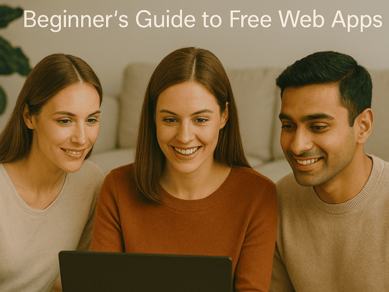 Three people sitting on a couch looking at a laptop screen with smiles, exploring OffiDocs tools together. The image includes the text “OffiDocs Online Tools – Beginner’s Guide to Free Web Apps” above them.