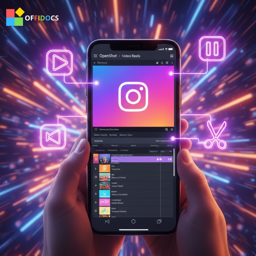 Promotional image for OpenShot Video Editor showing a smartphone screen with a vertical video editor interface and a smiling woman. Text highlights editing Instagram Shorts online without downloading software.
