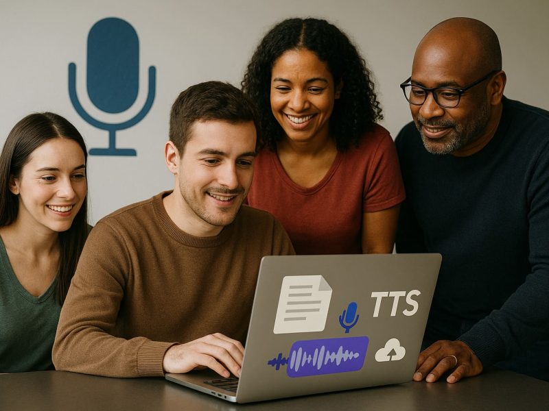 A group of real people creating AI voice narrations online using TTS tools, gathered around a laptop with text, audio, and cloud icons.