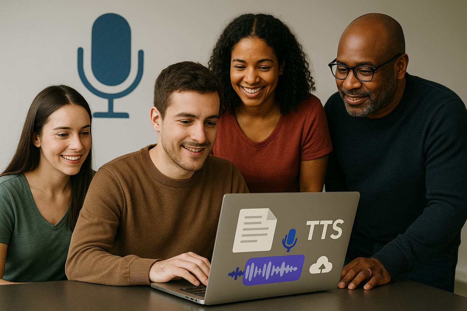 A group of real people creating AI voice narrations online using TTS tools, gathered around a laptop with text, audio, and cloud icons.