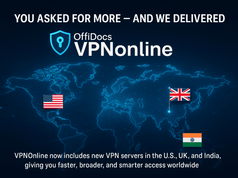Futuristic digital map showing new VPN server locations in the U.S., UK, and India, with country flags, glowing lines, and promotional text about OffiDocs VPNOnline global expansion.