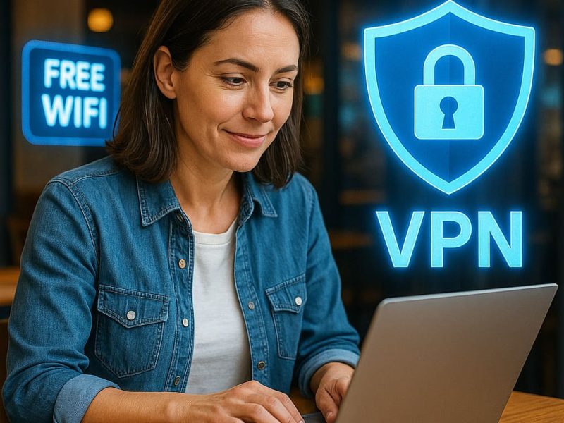 Woman using laptop in a café with free Wi-Fi, activating VPN for secure public internet access — VPN shield icon glowing on screen.