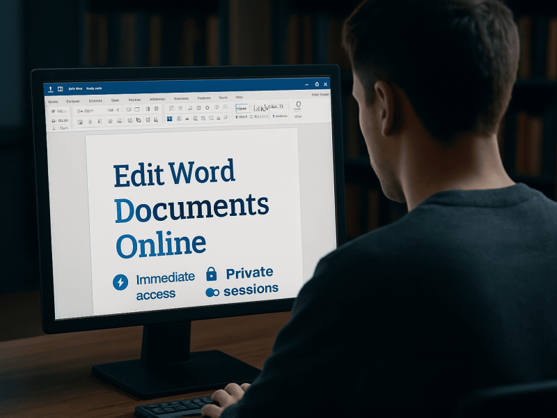 A young man seen from behind using a desktop computer in a library to Edit Word Online. The screen shows a document titled 'Edit Word Documents Online' with icons highlighting features like immediate access and private sessions.
