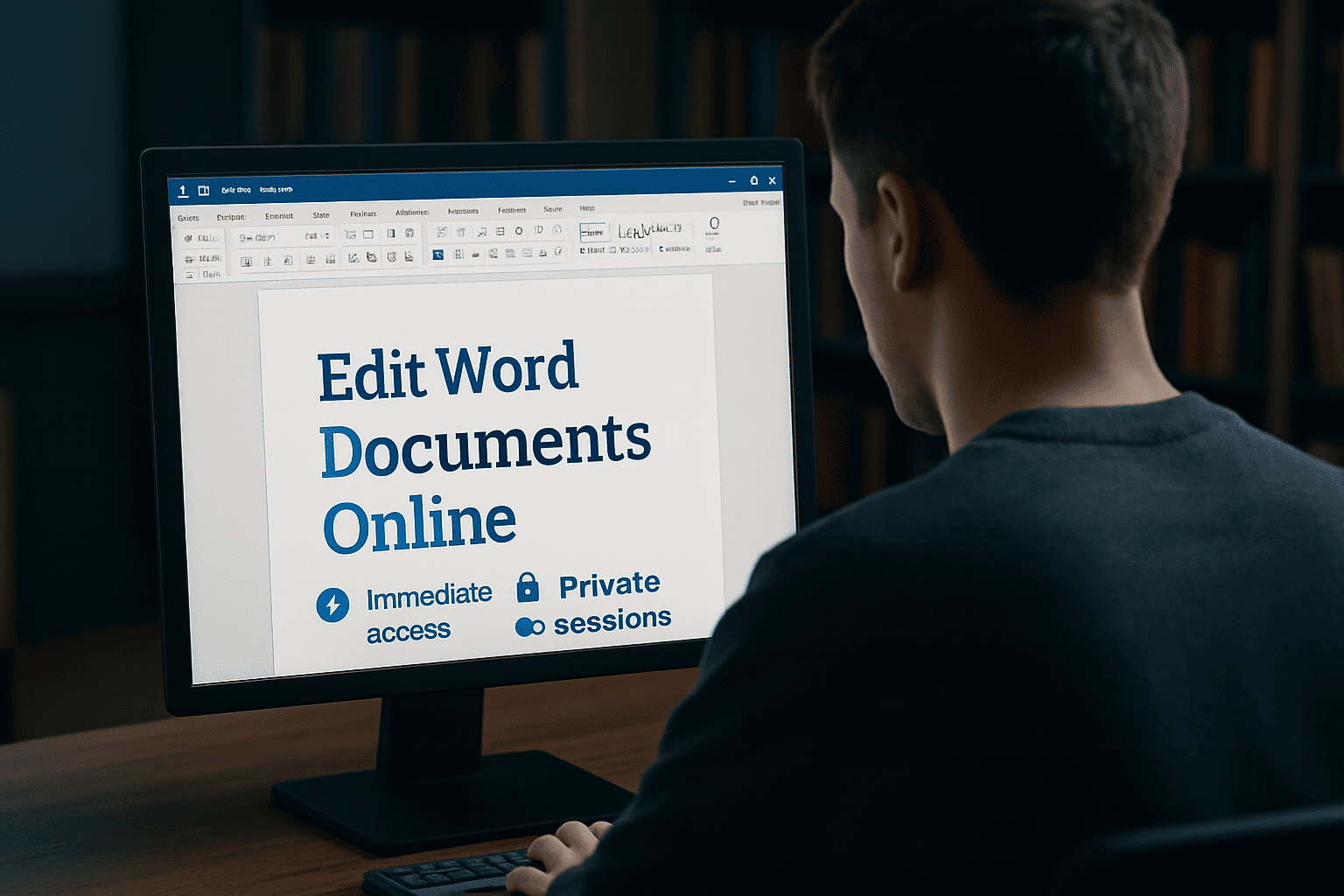 A young man seen from behind using a desktop computer in a library to Edit Word Online. The screen shows a document titled 'Edit Word Documents Online' with icons highlighting features like immediate access and private sessions.
