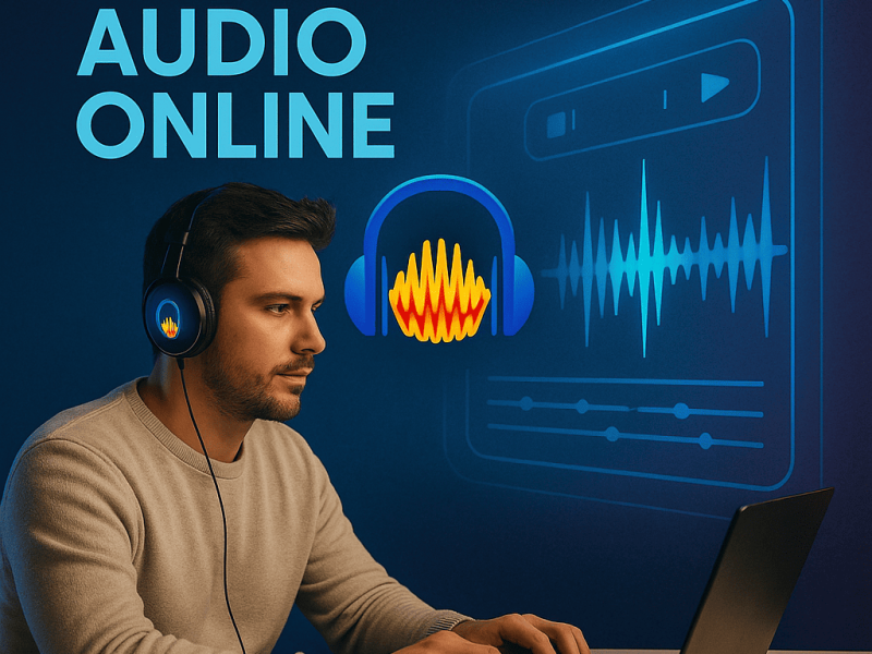 Man editing audio online with Audacity on a laptop, wearing headphones, with a futuristic holographic audio waveform interface in the background