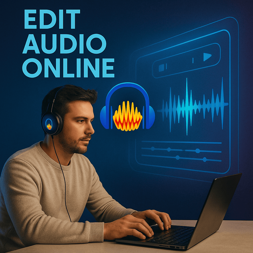 Man editing audio online with Audacity on a laptop, wearing headphones, with a futuristic holographic audio waveform interface in the background