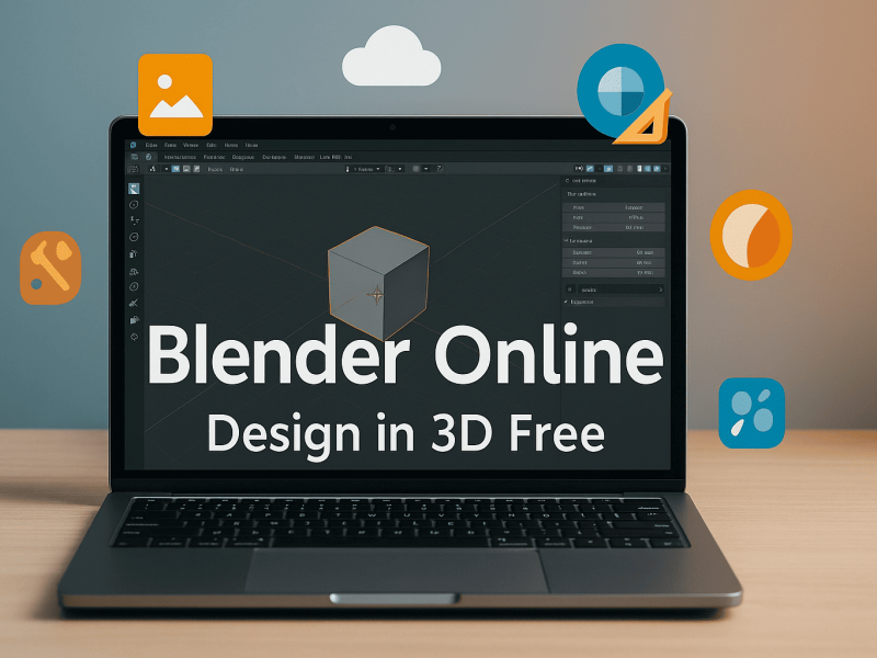 Realistic photo of a modern laptop on a desk displaying a 3D modeling interface with a cube in edit mode. Floating icons around represent textures, materials, and modeling tools. On the screen appears the text “Blender Online — Design in 3D Free”, highlighting Blender Online from OffiDocs as a free cloud-based 3D design platform.