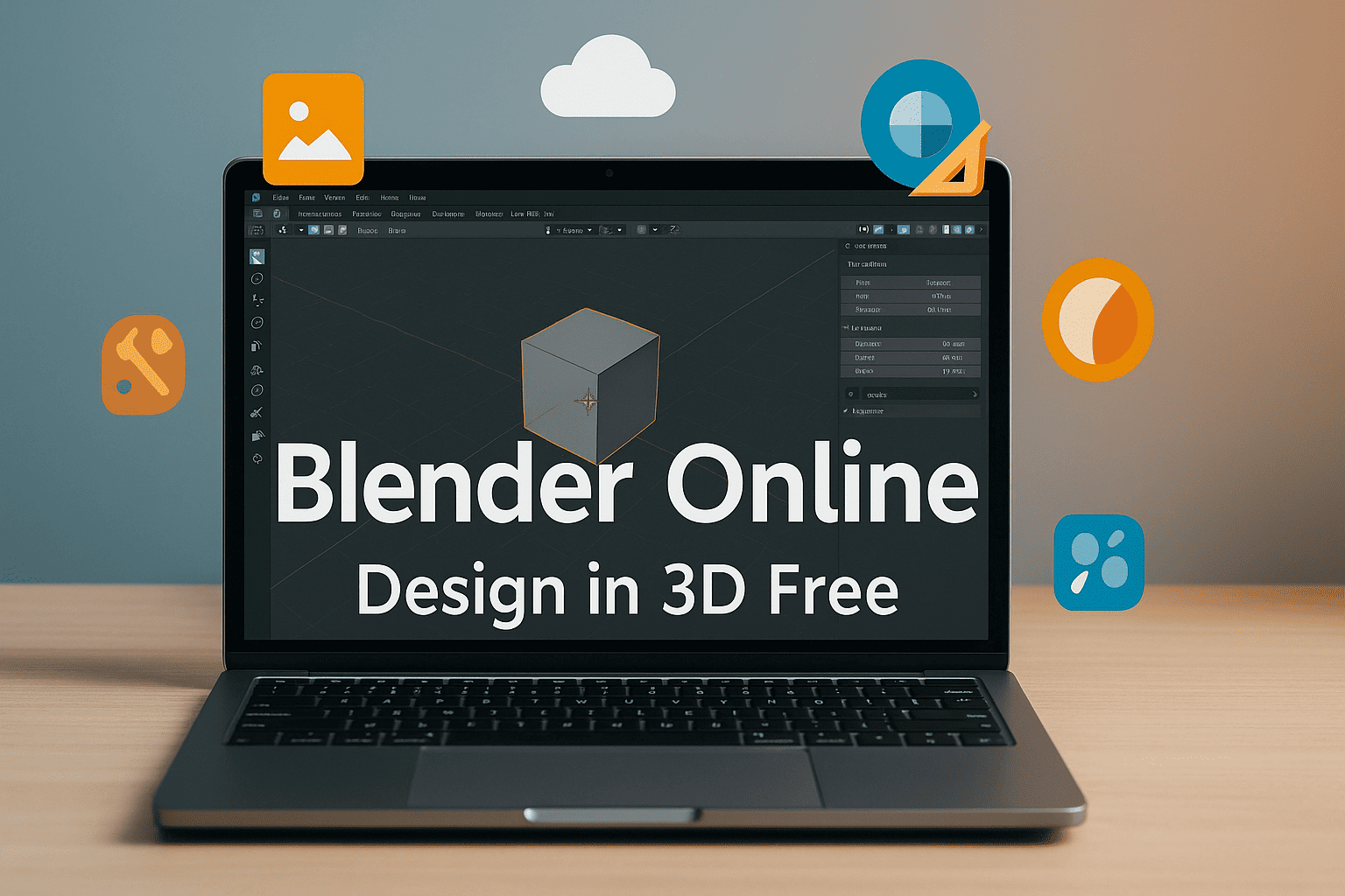 Foto realista de una laptop moderna sobre un escritorio que muestra una interfaz de modelado 3D con un cubo en modo de edición. Los iconos flotantes representan texturas, materiales y herramientas de modelado. En la pantalla aparece el texto "Blender Online — Diseño en 3D Gratis", destacando a Blender Online de OffiDocs como una plataforma gratuita de diseño 3D en la nube.