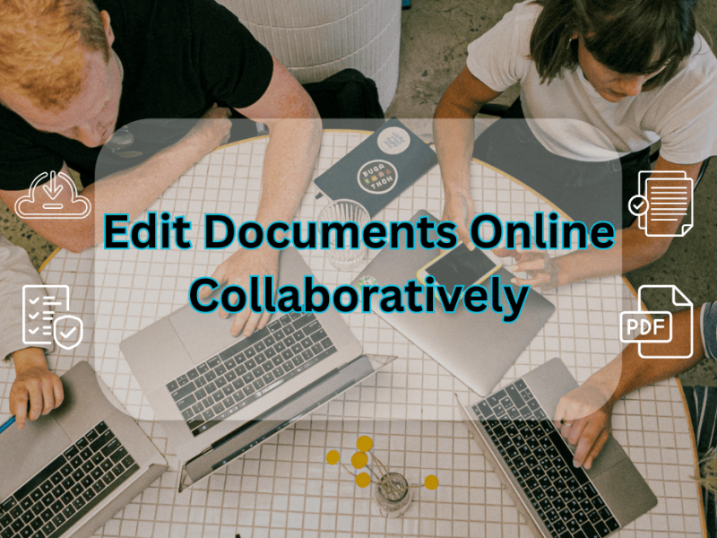 Group of students working together on laptops around a table, showing teamwork and technology, with icons of PDF, documents, and checklists, representing how to Edit Documents Online Collaboratively using cloud tools.