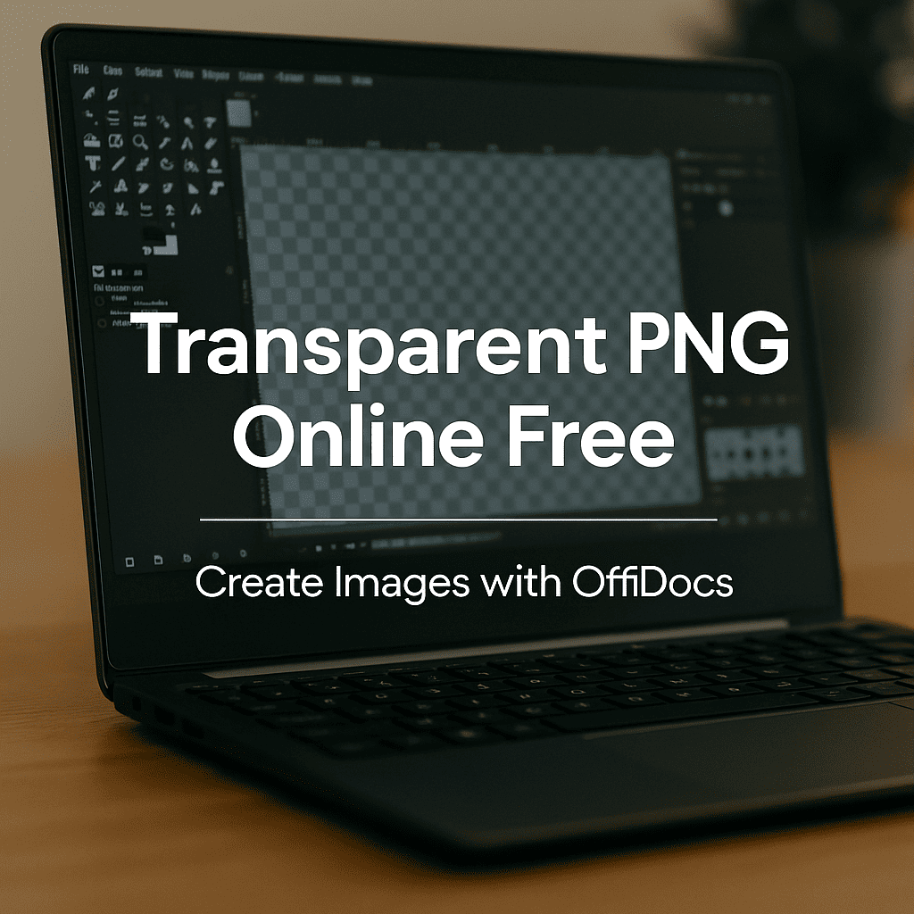 Laptop on a wooden desk displaying an image editor with a transparent PNG file, overlaid text reading "Transparent PNG Online Free – Create Images with OffiDocs".
