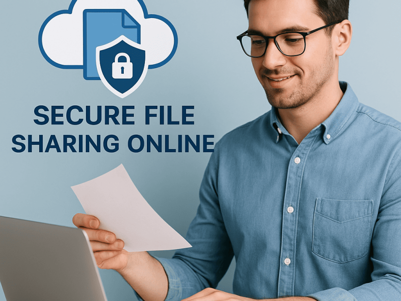 Young man using a laptop to upload files securely to the cloud, with shield and document icons representing secure file sharing online.