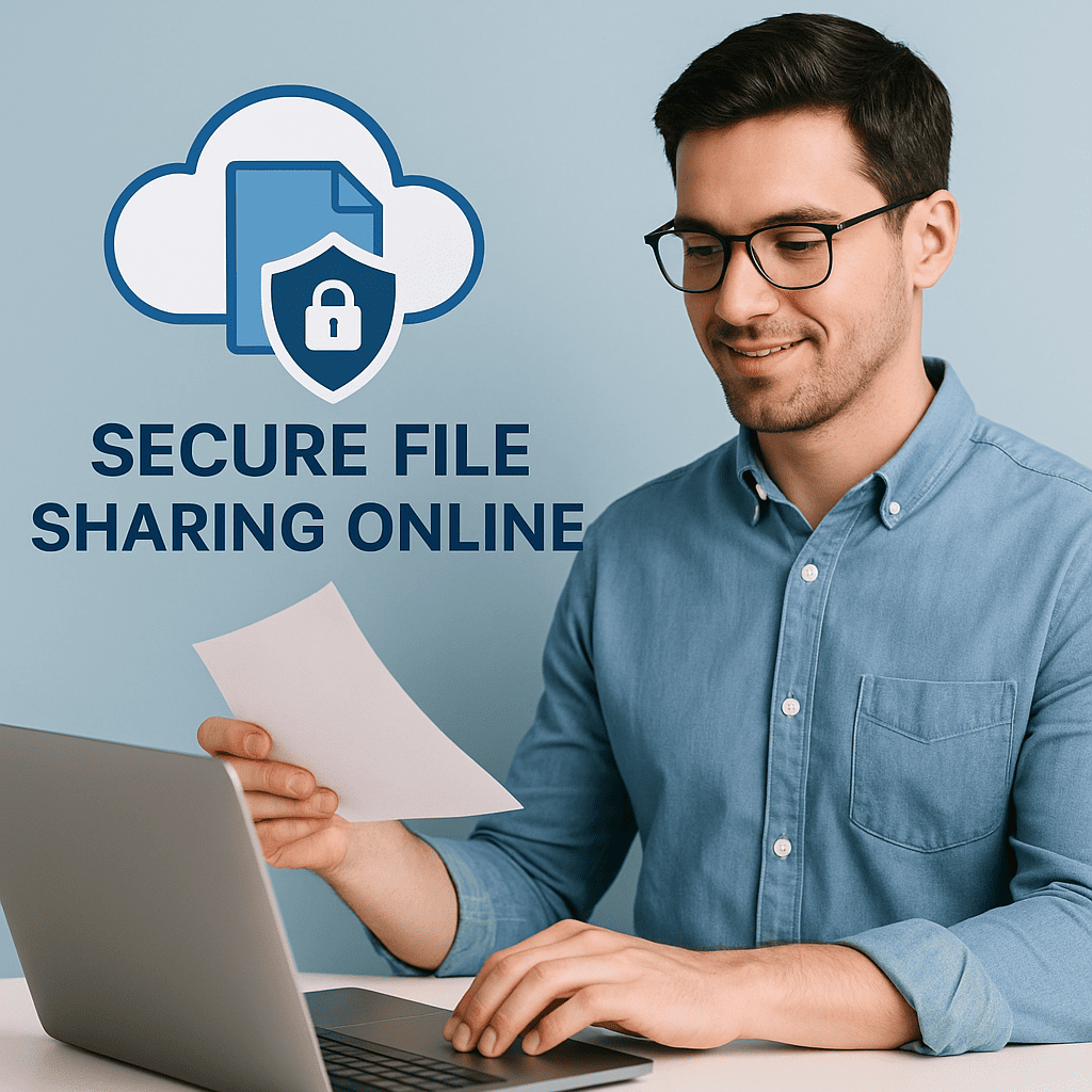 Young man using a laptop to upload files securely to the cloud, with shield and document icons representing secure file sharing online.