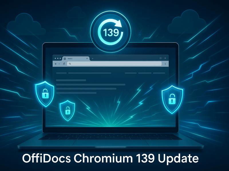 Futuristic illustration of a laptop showing a web browser update with multiple tabs, glowing holographic shields for security, dynamic light streaks for speed, a circular Chromium 139 update icon, and digital cloud elements. Overlay text: “OffiDocs Chromium 139 Update