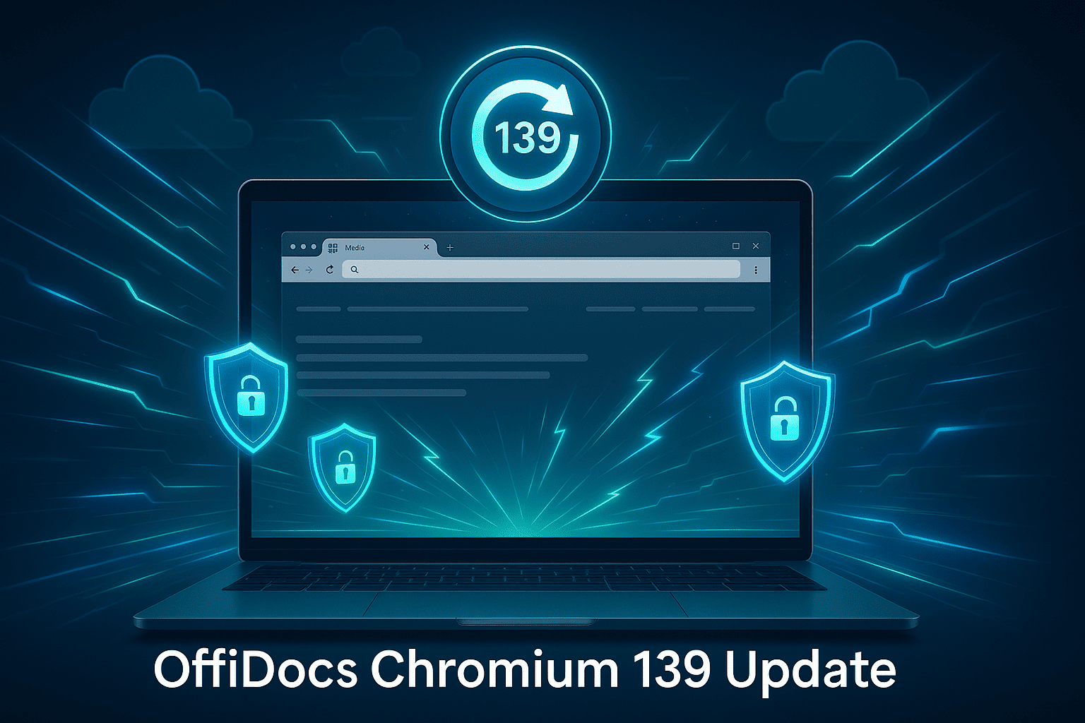 Futuristic illustration of a laptop showing a web browser update with multiple tabs, glowing holographic shields for security, dynamic light streaks for speed, a circular Chromium 139 update icon, and digital cloud elements. Overlay text: “OffiDocs Chromium 139 Update