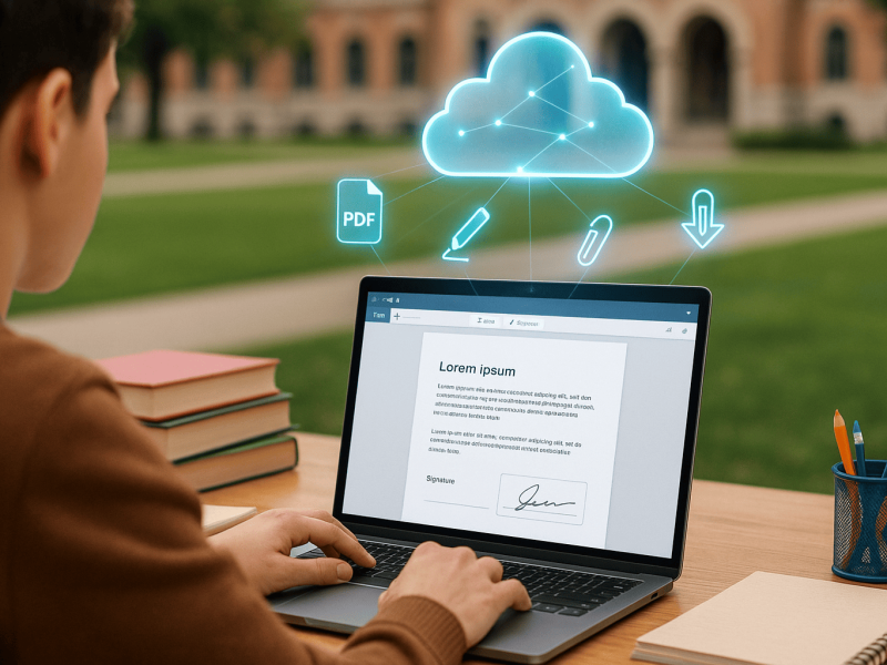 A student sits at a desk on a university campus with books and pencils, using a laptop that displays a PDF editor with text and a signature field. Above the screen, a glowing digital cloud connects to holographic icons of a PDF file, signature pen, paperclip, and compression arrow, symbolizing cloud-based PDF tools.
