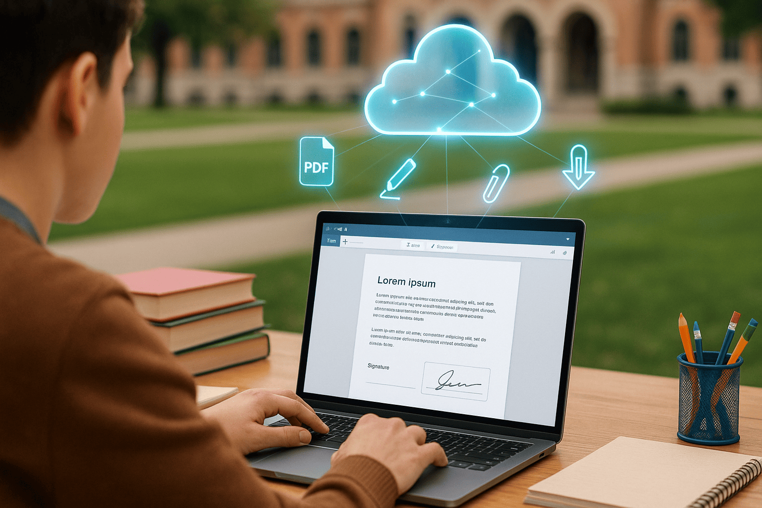 A student sits at a desk on a university campus with books and pencils, using a laptop that displays a PDF editor with text and a signature field. Above the screen, a glowing digital cloud connects to holographic icons of a PDF file, signature pen, paperclip, and compression arrow, symbolizing cloud-based PDF tools.