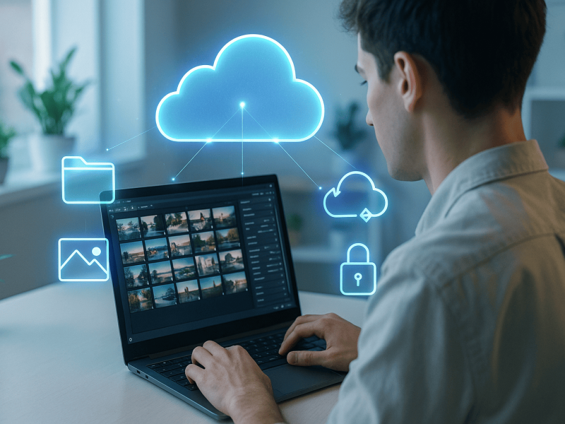 A young professional working on a laptop in a bright home office, editing and organizing photos. Above the laptop, a glowing digital cloud connects with holographic icons of folder, image, cloud sync, and lock, symbolizing cloud storage and privacy.