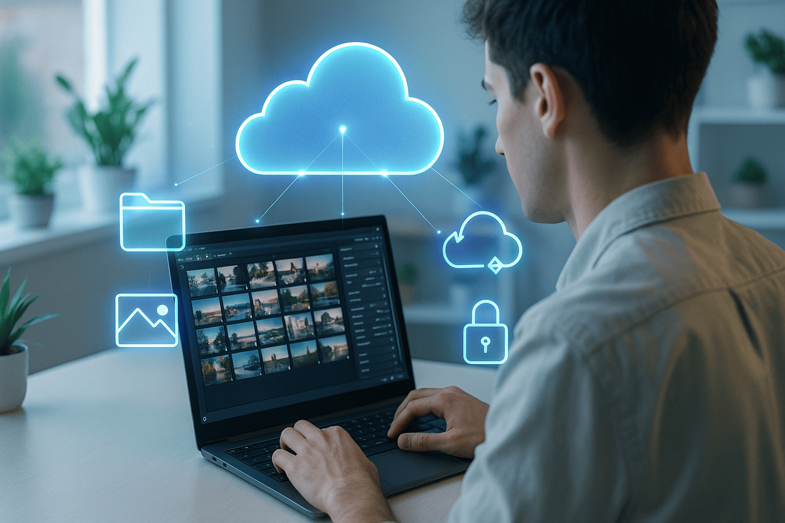 A young professional working on a laptop in a bright home office, editing and organizing photos. Above the laptop, a glowing digital cloud connects with holographic icons of folder, image, cloud sync, and lock, symbolizing cloud storage and privacy.