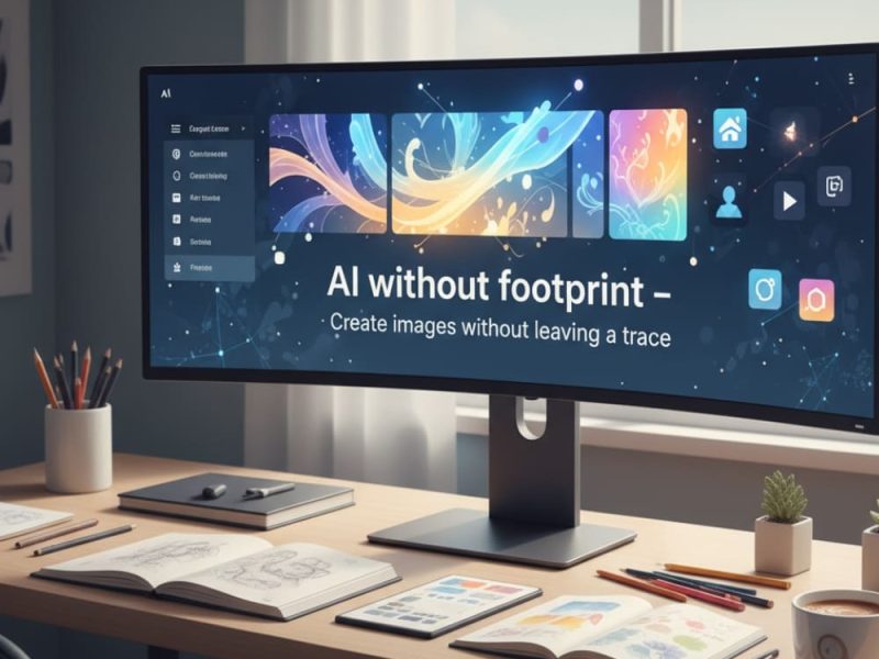 Modern workspace with a wide monitor displaying the GoGPT image generator interface from OffiDocs, showing vibrant AI-generated visuals and the text “AI without footprint – Create images without leaving a trace,” emphasizing privacy and creativity.