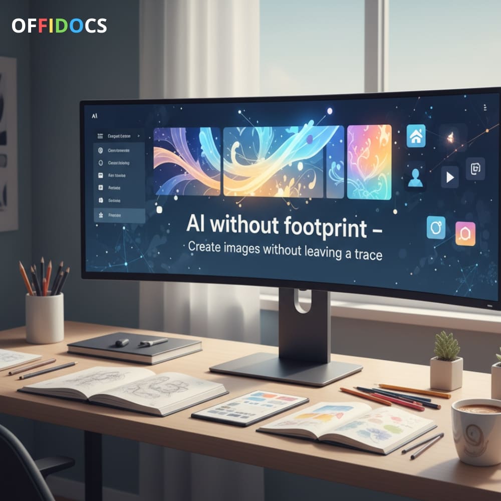 Modern workspace with a wide monitor displaying the GoGPT image generator interface from OffiDocs, showing vibrant AI-generated visuals and the text “AI without footprint – Create images without leaving a trace,” emphasizing privacy and creativity.