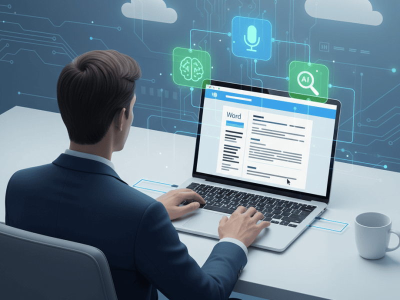 Professional using OffiDocs to optimize documents for AI and voice search, with digital icons of microphone, AI brain, and document editor on a bright blue and green tech background.