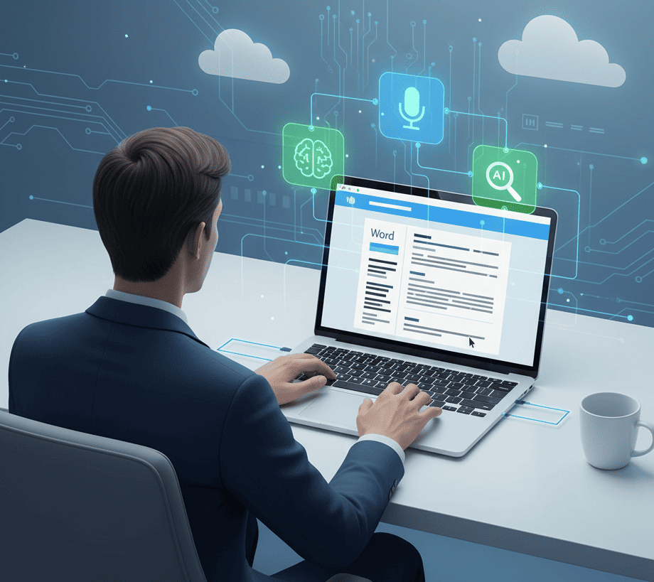 Professional using OffiDocs to optimize documents for AI and voice search, with digital icons of microphone, AI brain, and document editor on a bright blue and green tech background.