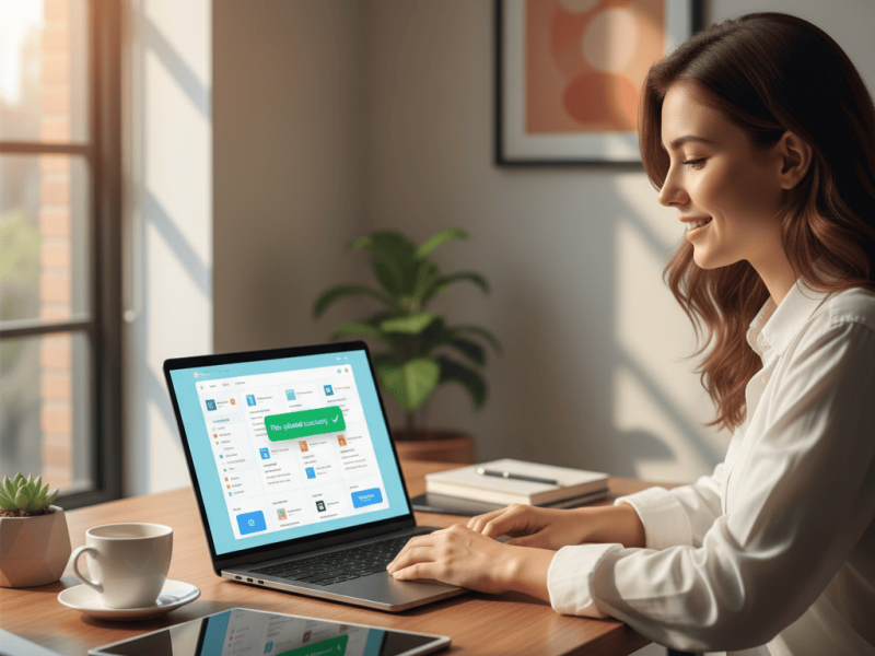 A creative professional sharing a project online using MegaDisk client delivery, smiling with relief in a bright, organized workspace.