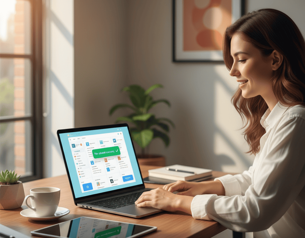 A creative professional sharing a project online using MegaDisk client delivery, smiling with relief in a bright, organized workspace.