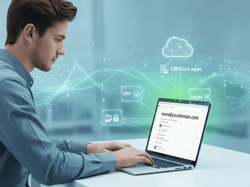 Professional using OffiLive business email on a laptop with MX, SPF, and DKIM icons, digital cloud integration, and blue tech background representing secure free email communication