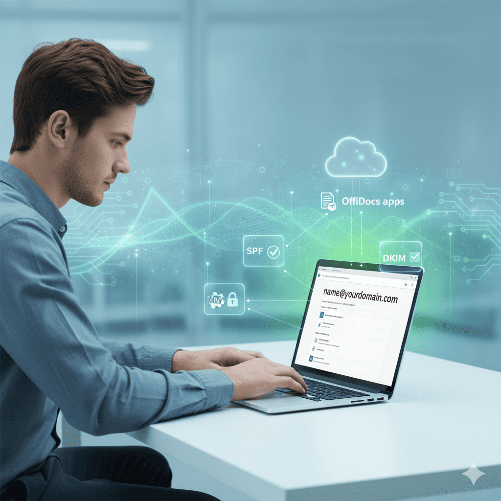 Professional using OffiLive business email on a laptop with MX, SPF, and DKIM icons, digital cloud integration, and blue tech background representing secure free email communication