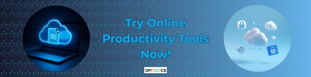 Banner showing a remote worker using a laptop with cloud icons, file storage symbols and connected devices representing online productivity tools like OffiDocs, MegaDisk and OffiCloud