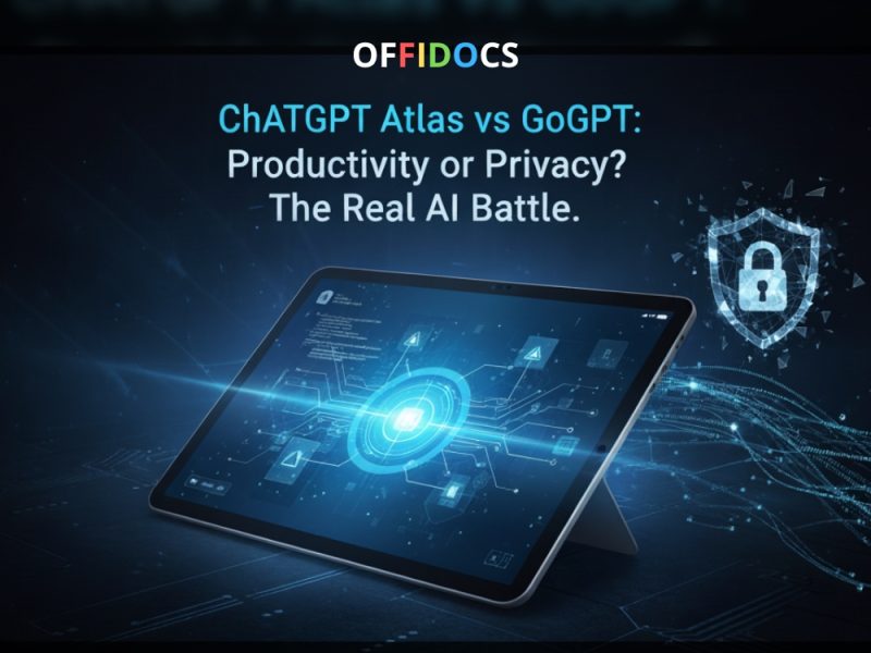 ChatGPT Atlas, GoGPT എന്നിവ താരതമ്യം ചെയ്യുന്ന ഹെഡർ ഇമേജ്, AI നെറ്റ്‌വർക്ക് ഗ്രാഫിക്സുള്ള ഒരു ഡിജിറ്റൽ ടാബ്‌ലെറ്റ്, സ്വകാര്യതയ്ക്കുള്ള പാഡ്‌ലോക്ക് ഐക്കൺ, "ഉൽപ്പാദനക്ഷമതയോ സ്വകാര്യതയോ? യഥാർത്ഥ AI യുദ്ധം" എന്ന തലക്കെട്ട് എന്നിവ കാണിക്കുന്നു. മുകളിൽ OFFIDOCS ലോഗോ.