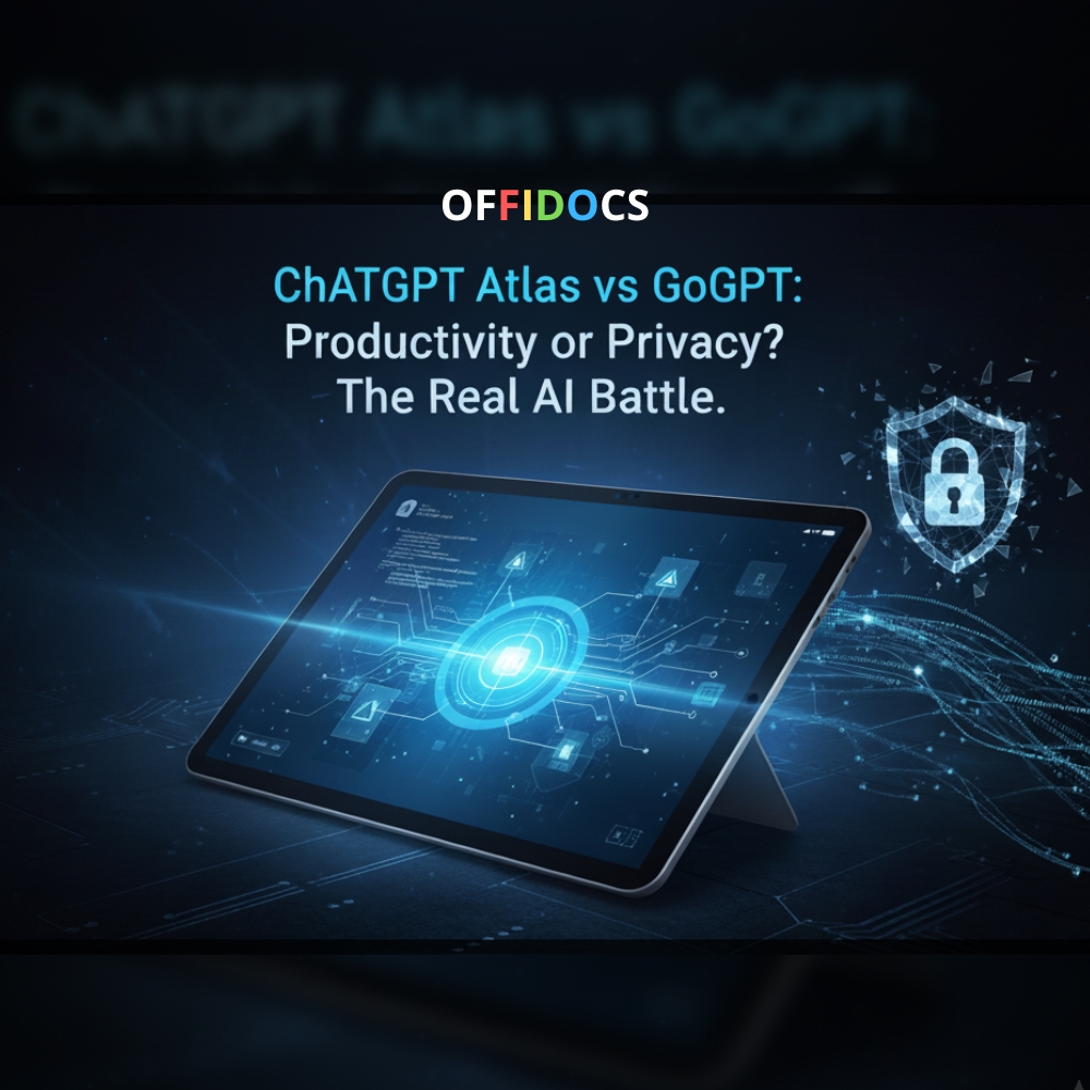 Image d'en-tête comparant ChatGPT Atlas et GoGPT, montrant une tablette numérique avec des graphiques de réseau d'IA, une icône de cadenas pour la confidentialité et le titre « Productivité ou confidentialité ? La véritable bataille de l'IA ». Logo OFFIDOCS en haut.