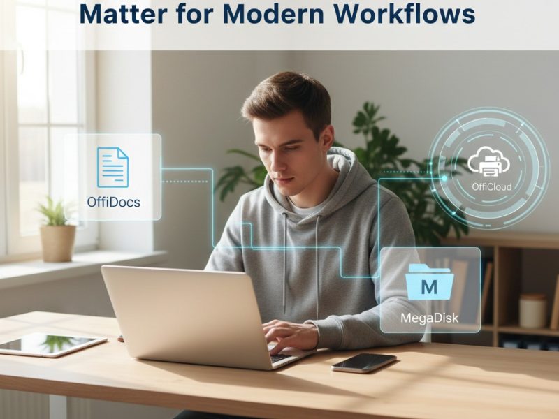 A realistic workspace with a laptop and smartphone on a desk, surrounded by subtle cloud icons and digital file symbols representing online productivity tools like OffiDocs, MegaDisk, and OffiCloud.