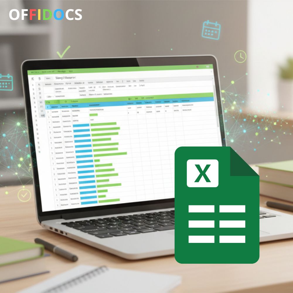 Laptop showing an Excel Template for students with online study tools from OffiDocs