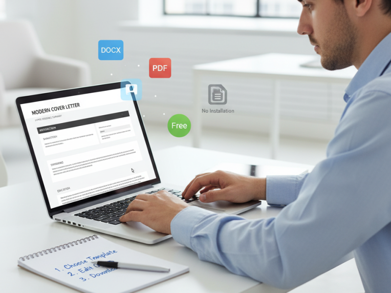Person editing a free cover letter Word template online using a browser-based editor, with DOCX and PDF icons visible. Checklist shows steps to create and export the letter. Workspace is clean and modern, highlighting a fast, no-installation workflow for job applications.