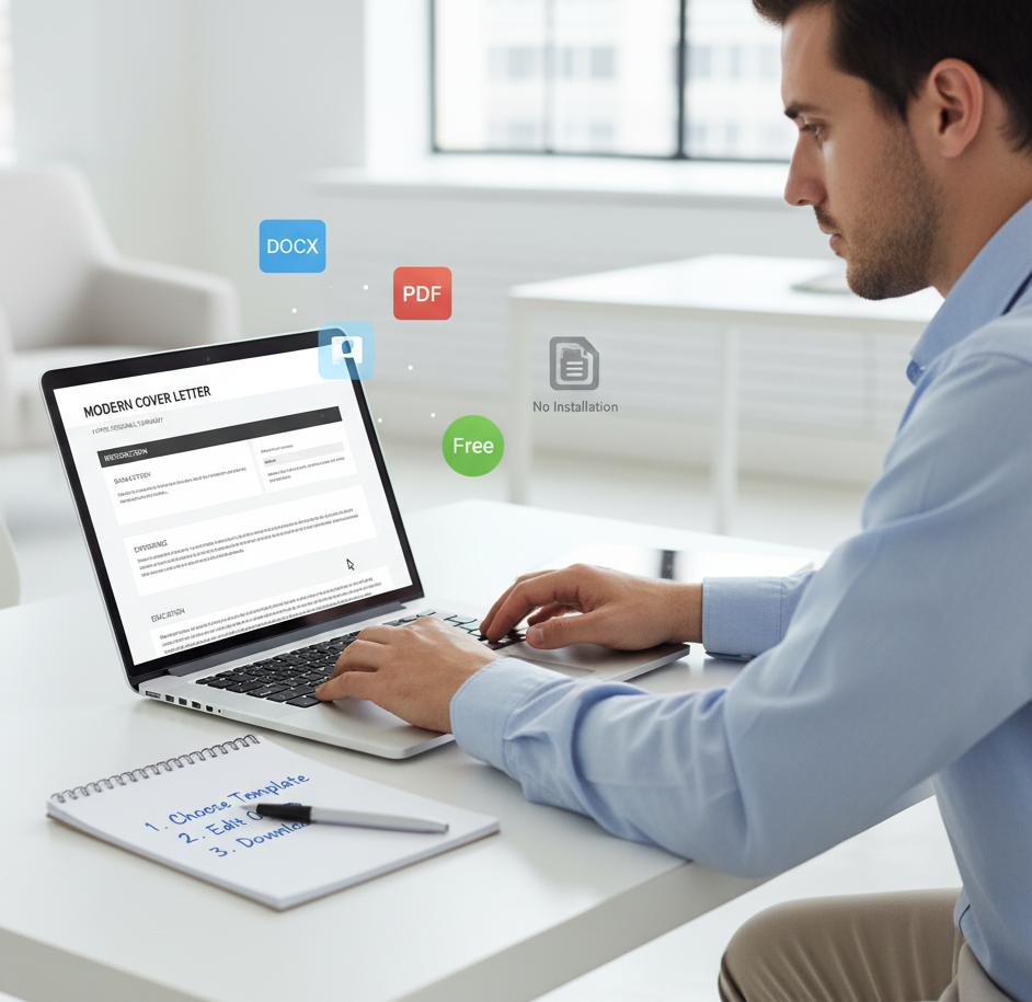 Person editing a free cover letter Word template online using a browser-based editor, with DOCX and PDF icons visible. Checklist shows steps to create and export the letter. Workspace is clean and modern, highlighting a fast, no-installation workflow for job applications.